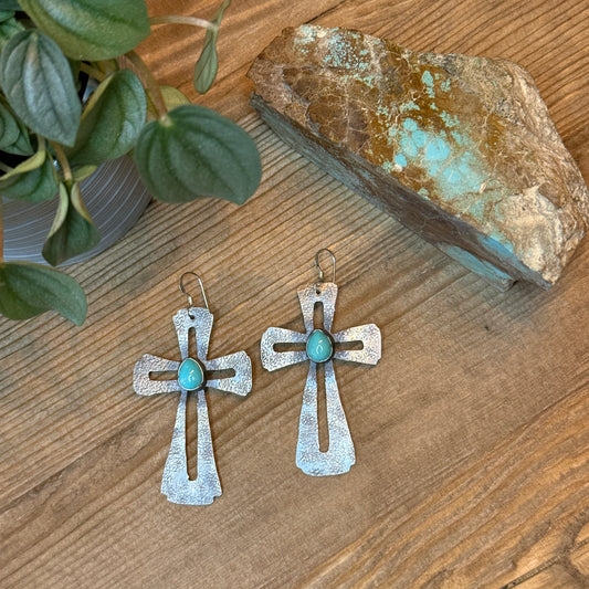 Sterling Silver Cross Earrings with Genuine Turquoise
