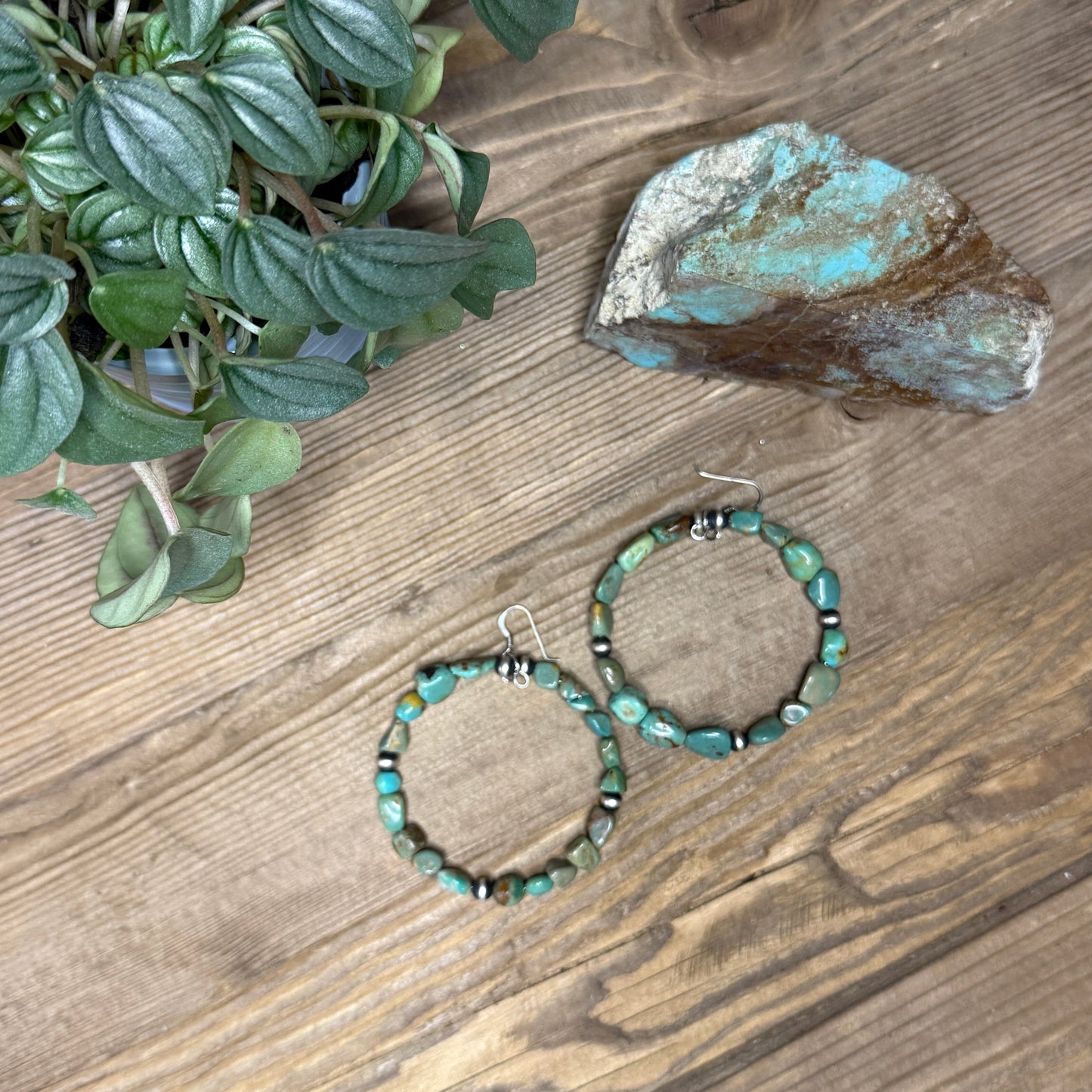 Genuine Turquoise and Sterling Silver Desert Pearl Hoop Earrings