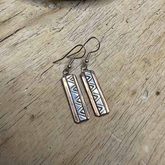 Stamped Sterling Silver and Copper Dangle Earrings