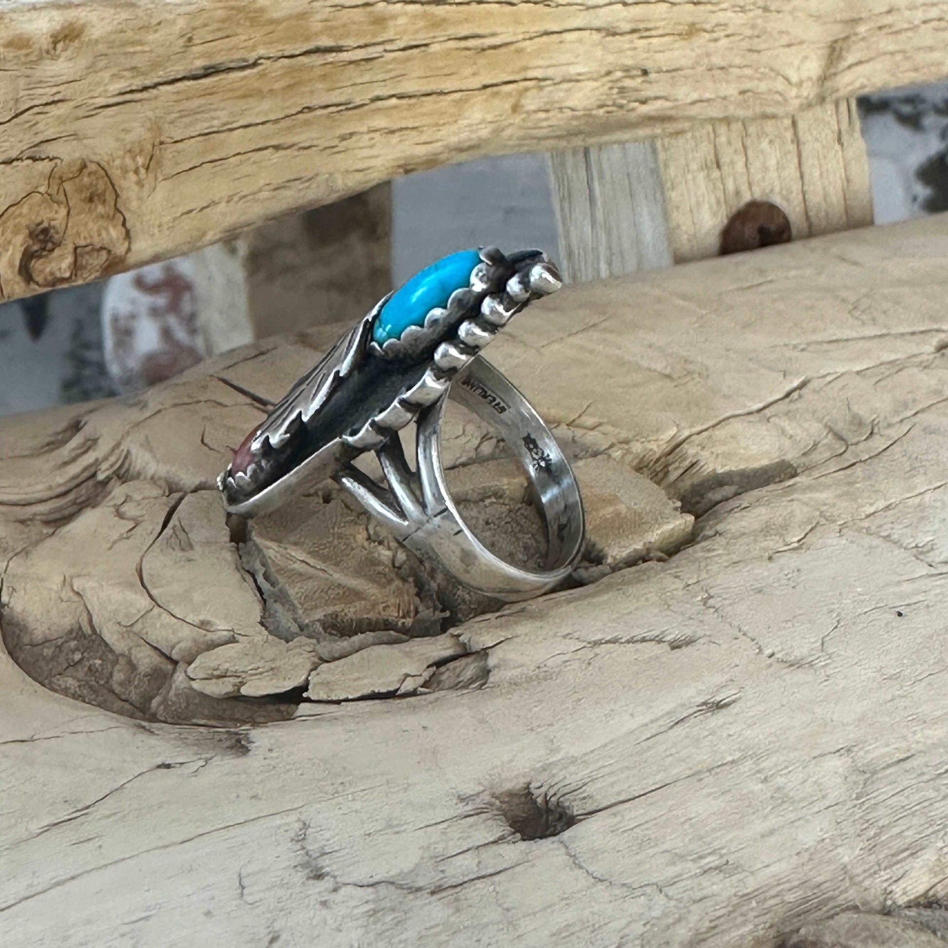 Size 6.5 Vintage Navajo Sterling Silver Maisel’s Trading Post Coral Turquoise Ring - High Voltage Ranch