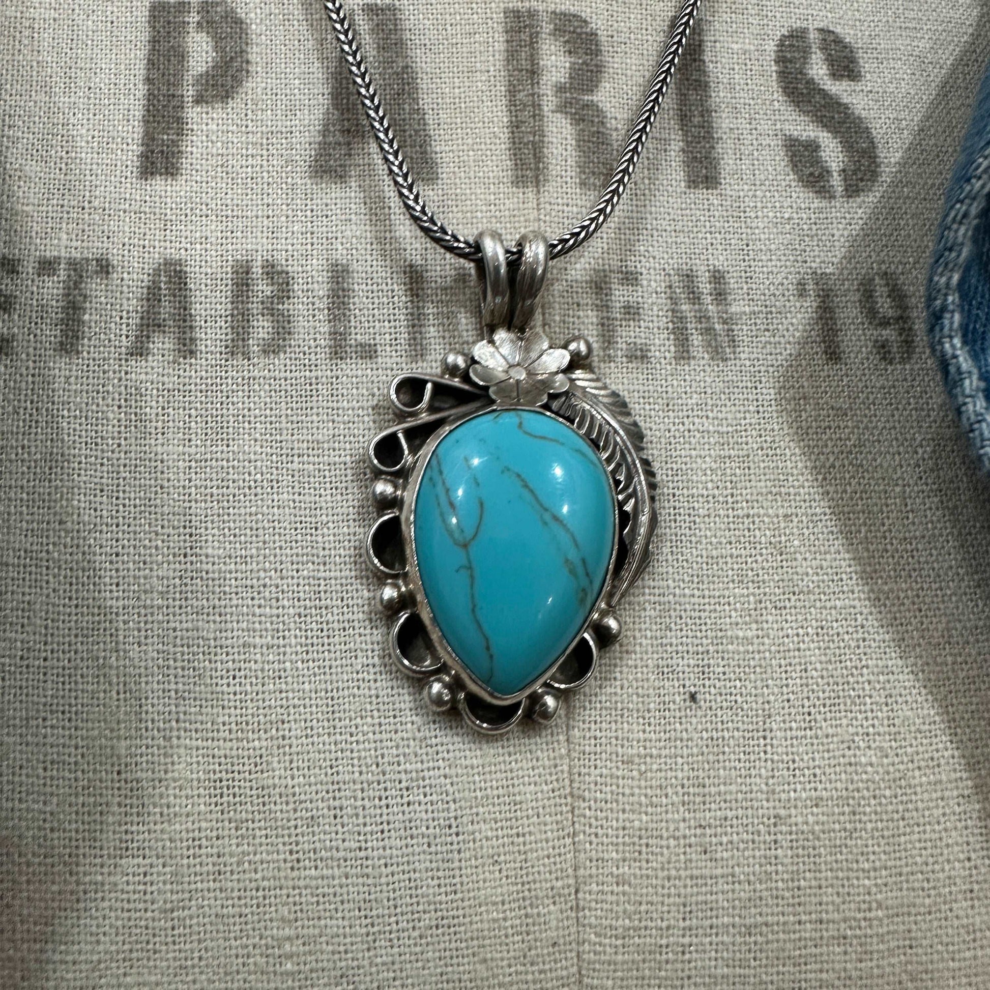 Gorgeous Navajo Turquoise Sterling Silver Pendant Necklace with 20” Foxtail Chain - High Voltage Ranch