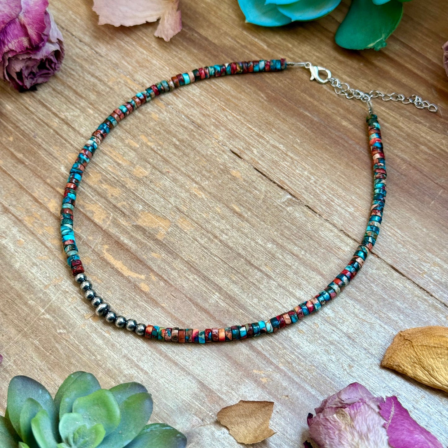 Pink Sea Sediment Jasper Choker with Sterling Silver Pearls - 14”