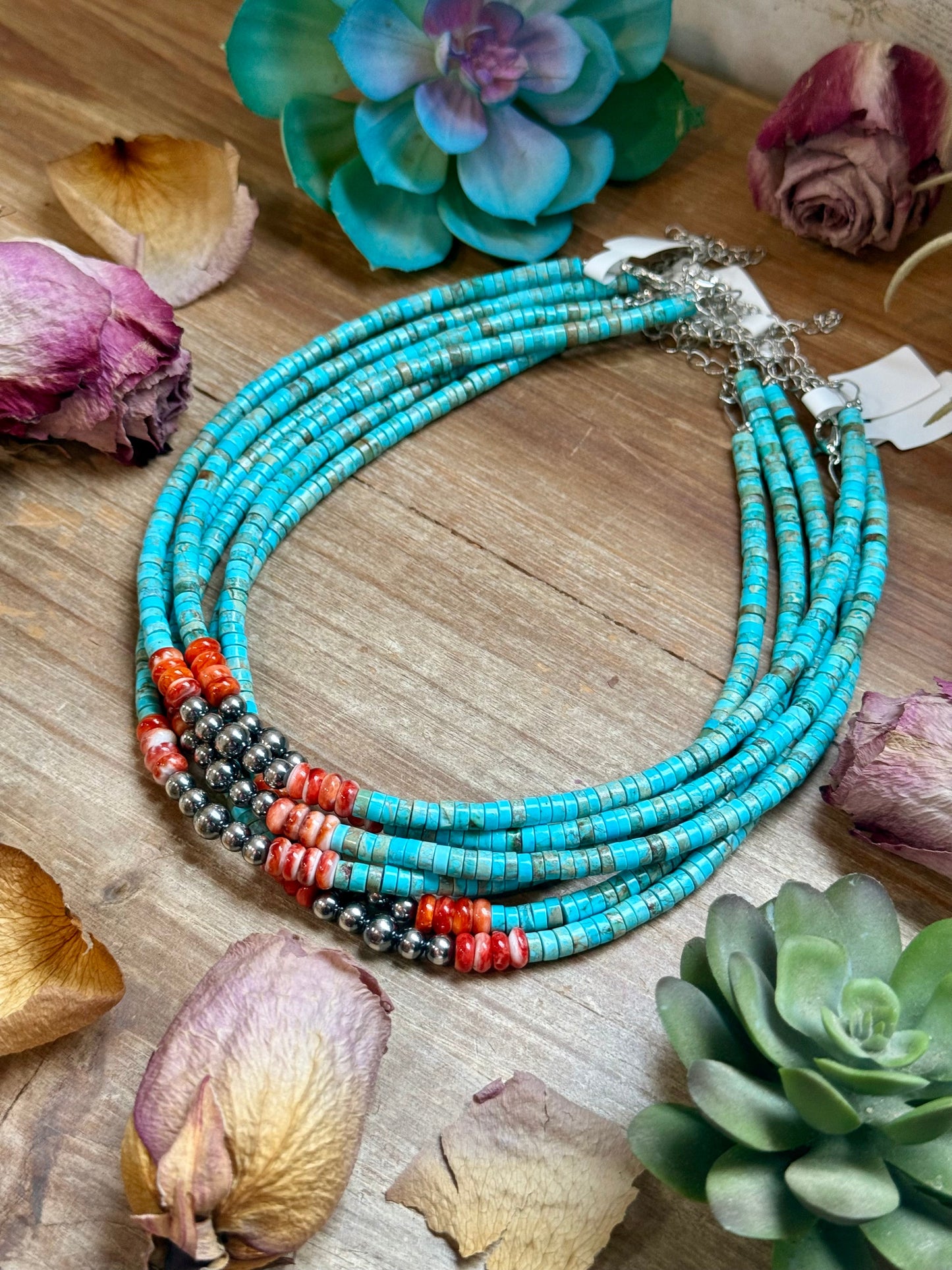Variscite Choker with Spiny Oyster & Sterling Silver Pearls - 14”