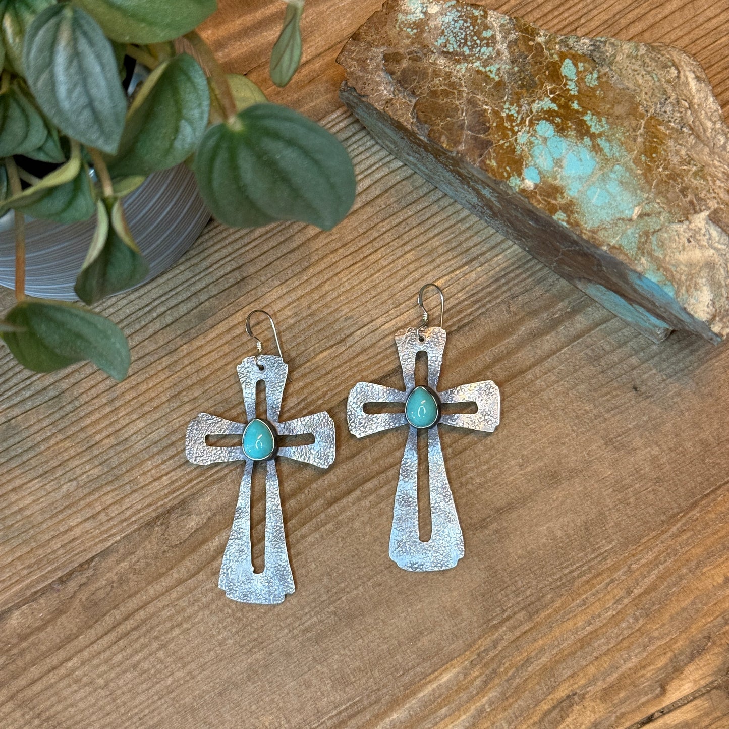 Sterling Silver Cross Earrings with Genuine Turquoise
