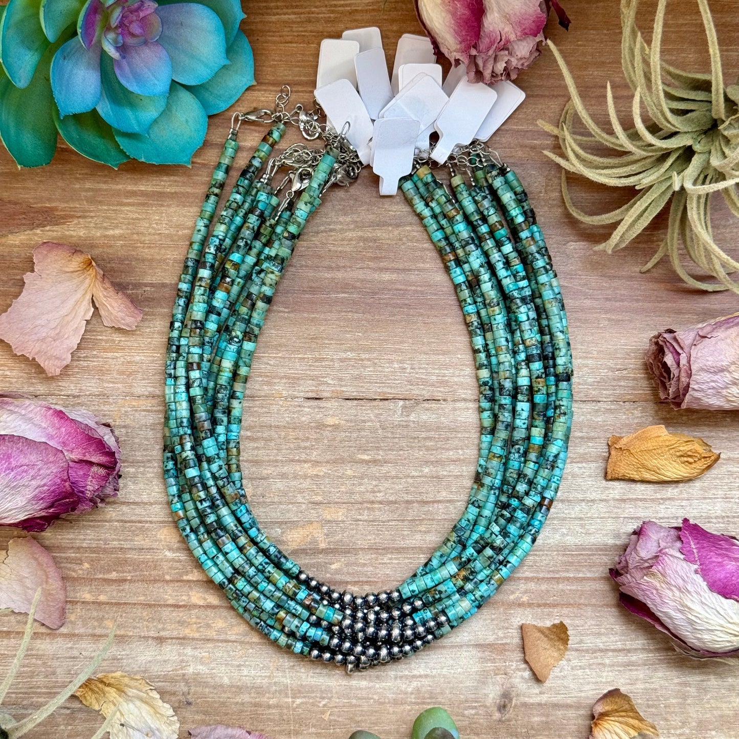 African Turquoise Heishi & Sterling Silver Pearl Necklace - 14”