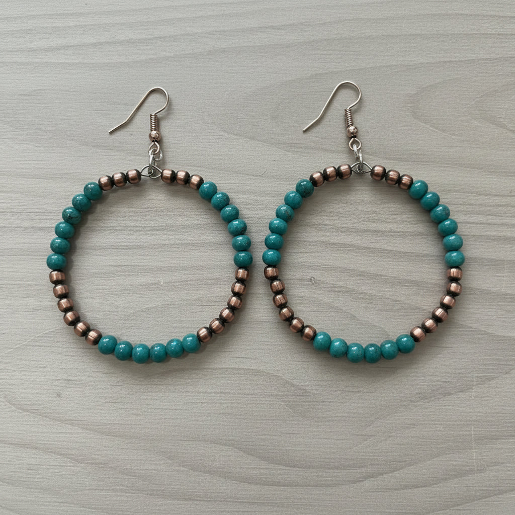 Copper Desert Pearl and Turquoise Bead Hoop Earrings