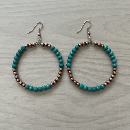 Copper Desert Pearl and Turquoise Bead Hoop Earrings
