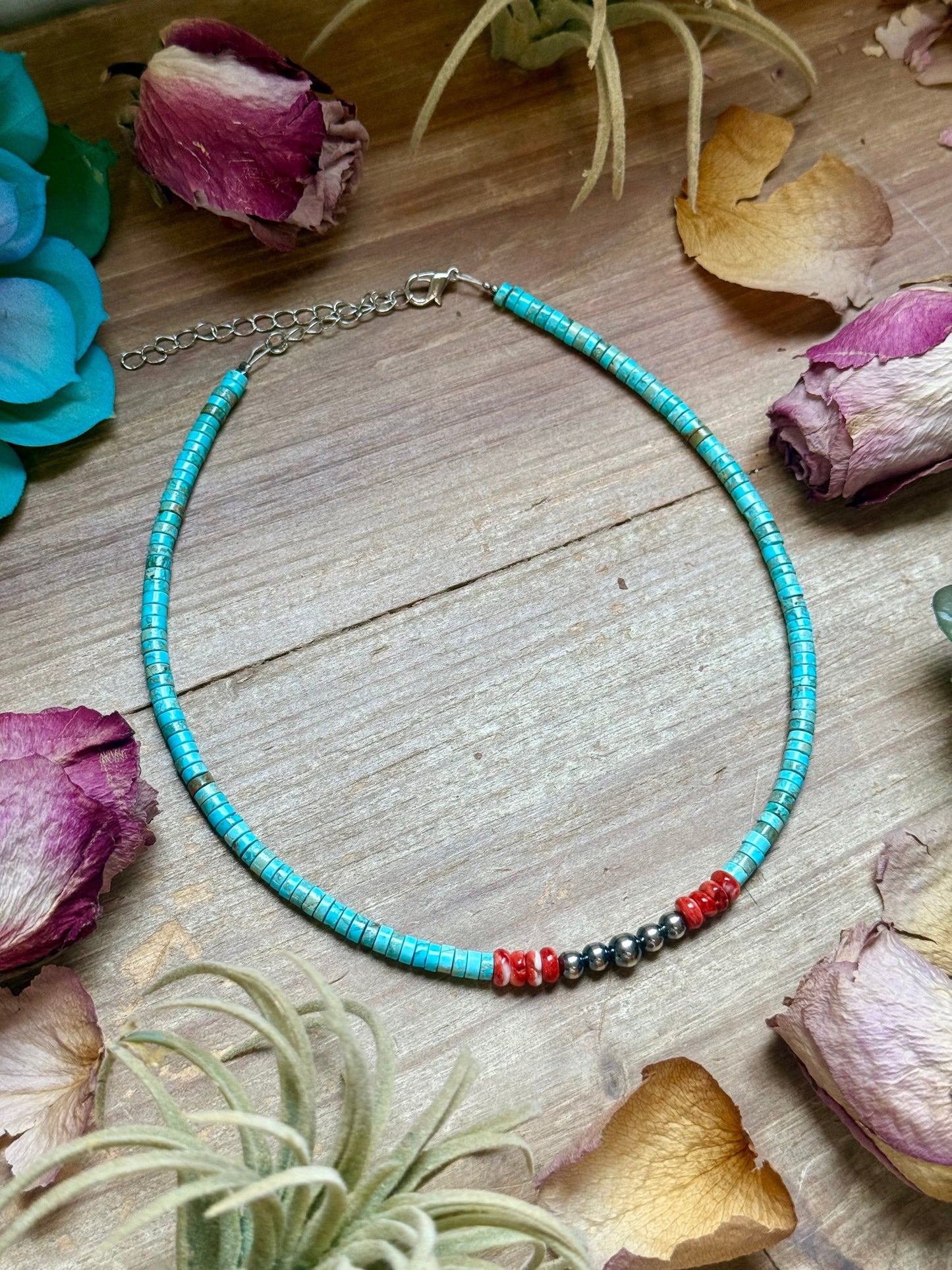 Variscite Choker with Spiny Oyster & Sterling Silver Pearls - 14”
