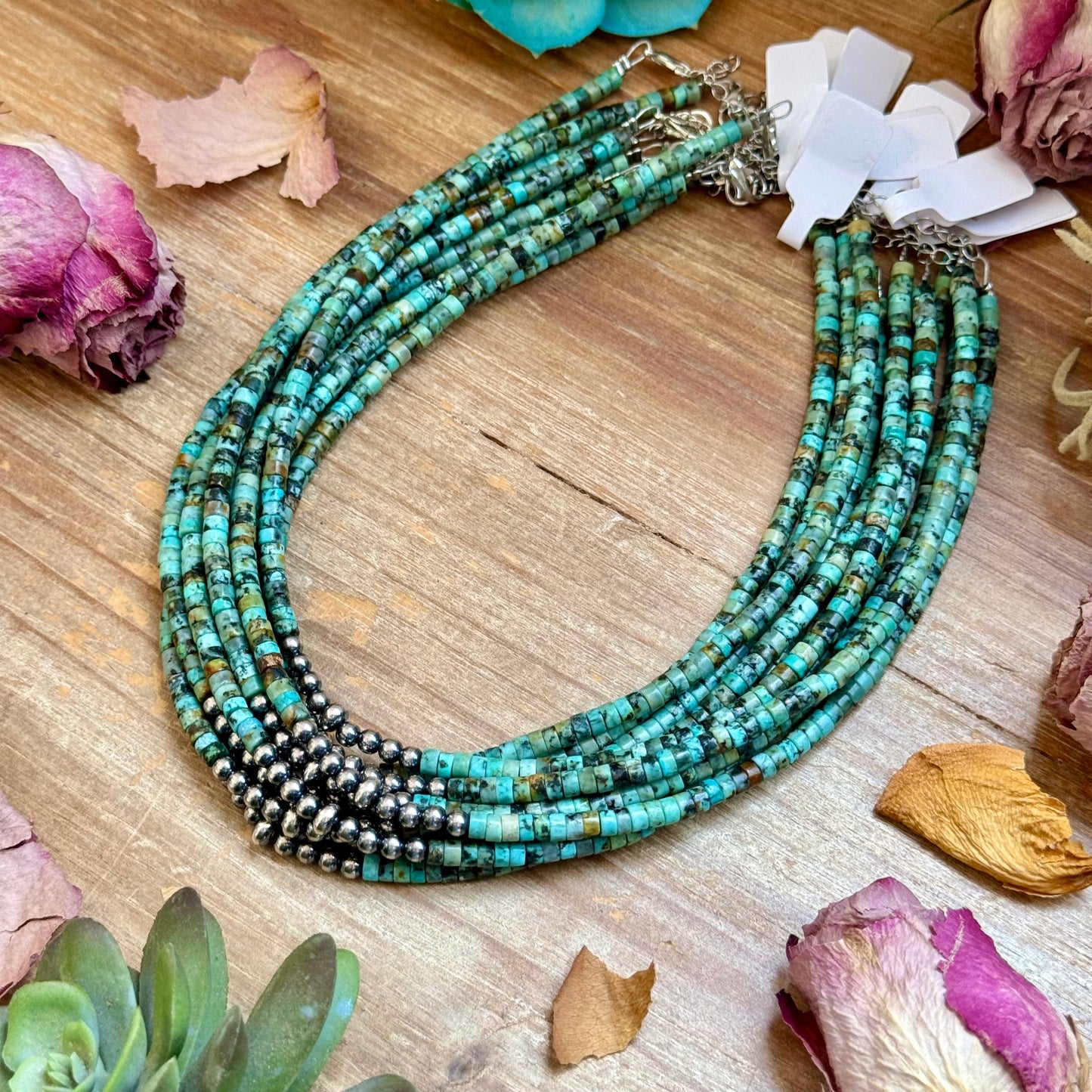 African Turquoise Heishi & Sterling Silver Pearl Necklace - 14”