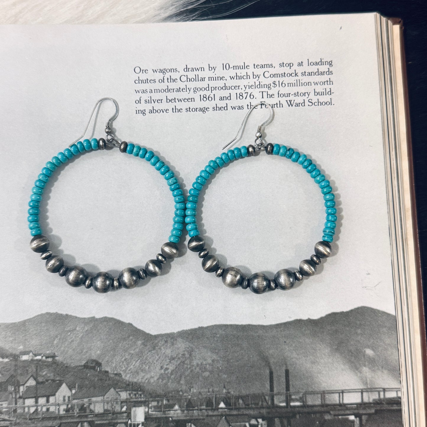 Bright Blue Turquoise Sterling Silver Beaded Hoop Earrings