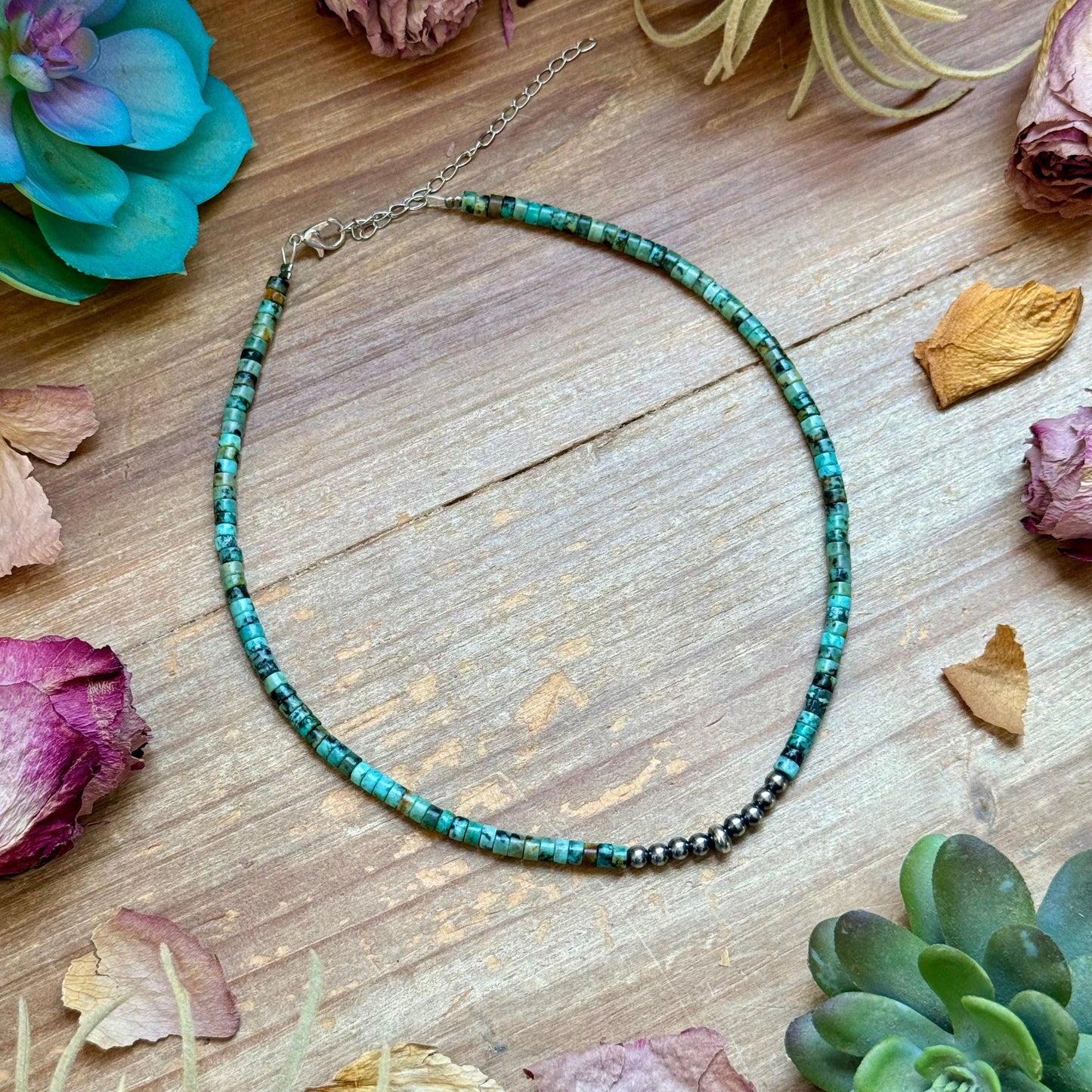African Turquoise Heishi & Sterling Silver Pearl Necklace - 14”