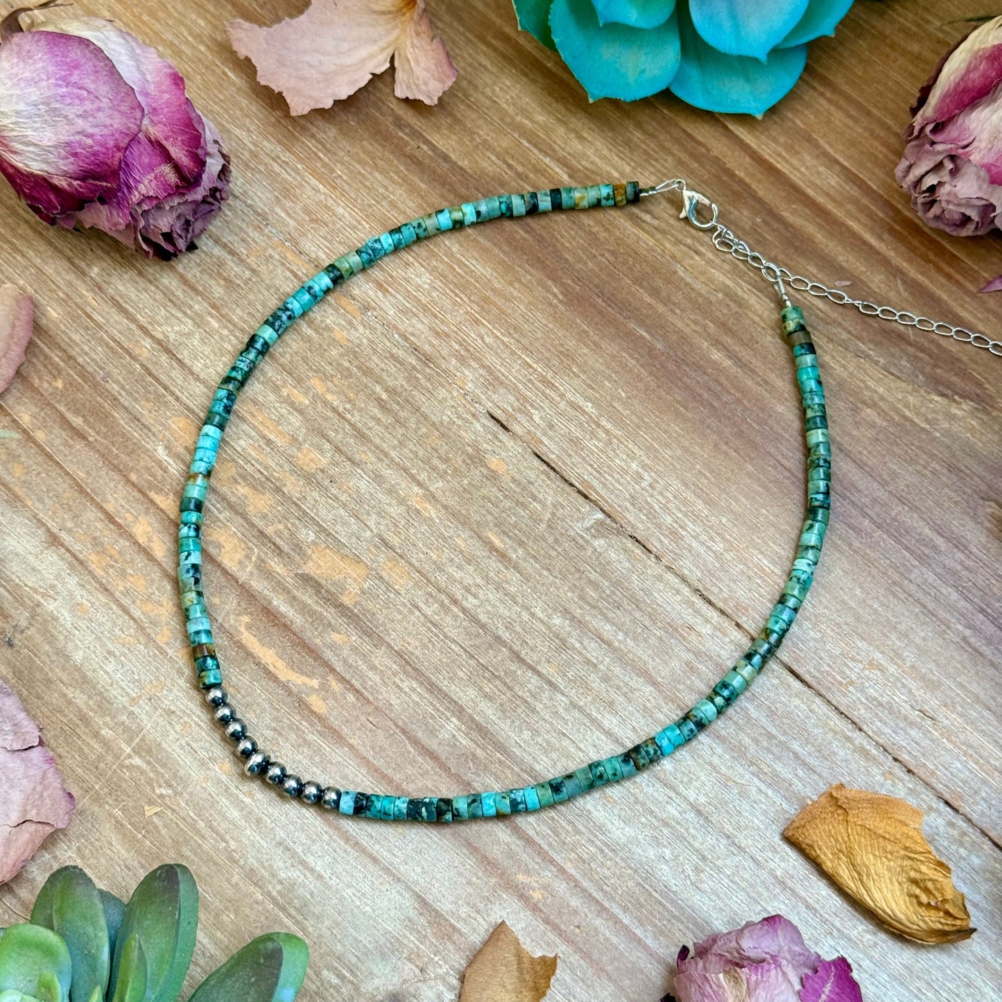 African Turquoise Heishi & Sterling Silver Pearl Necklace - 14”