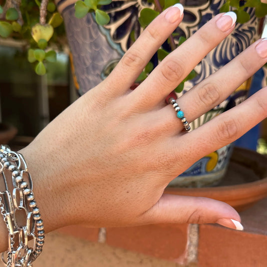 Handmade Sterling Silver Pearl Beaded Stretch Ring with Turquoise