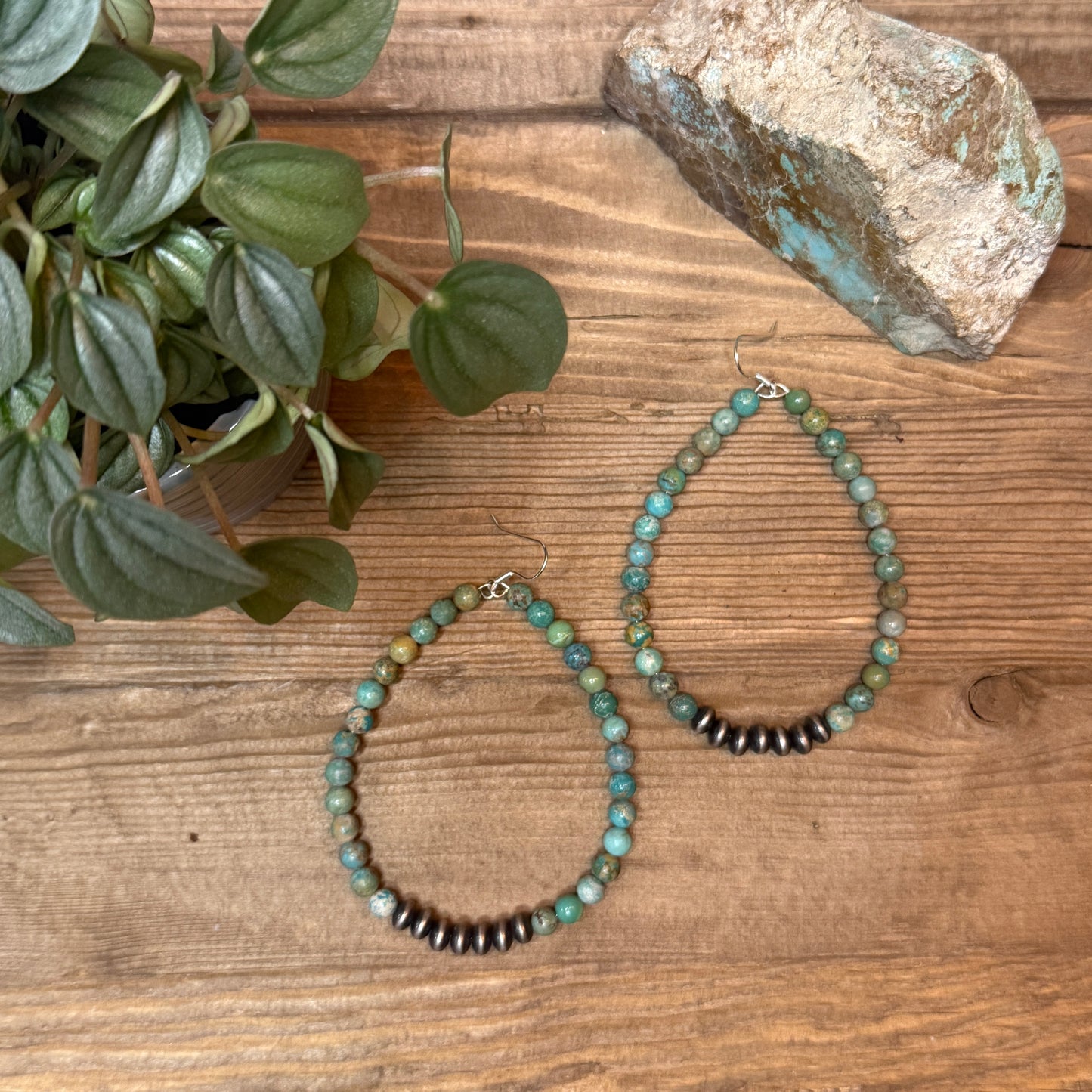 Big Turquoise Hoop Earrings with Sterling Saucer Pearls