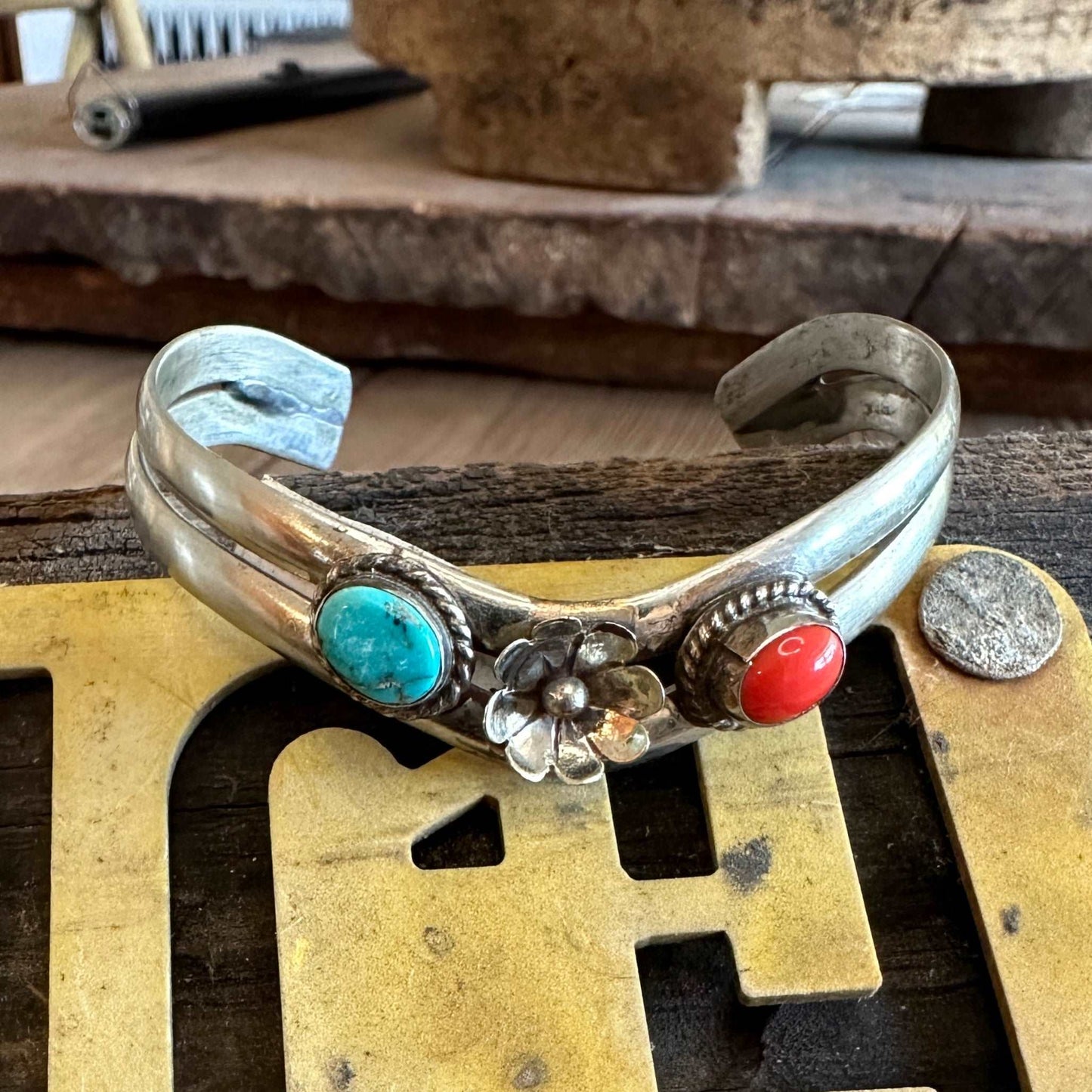 Vintage Mexico Sterling Turquoise and Coral Chevron Silver Cuff Bracelet - High Voltage Ranch