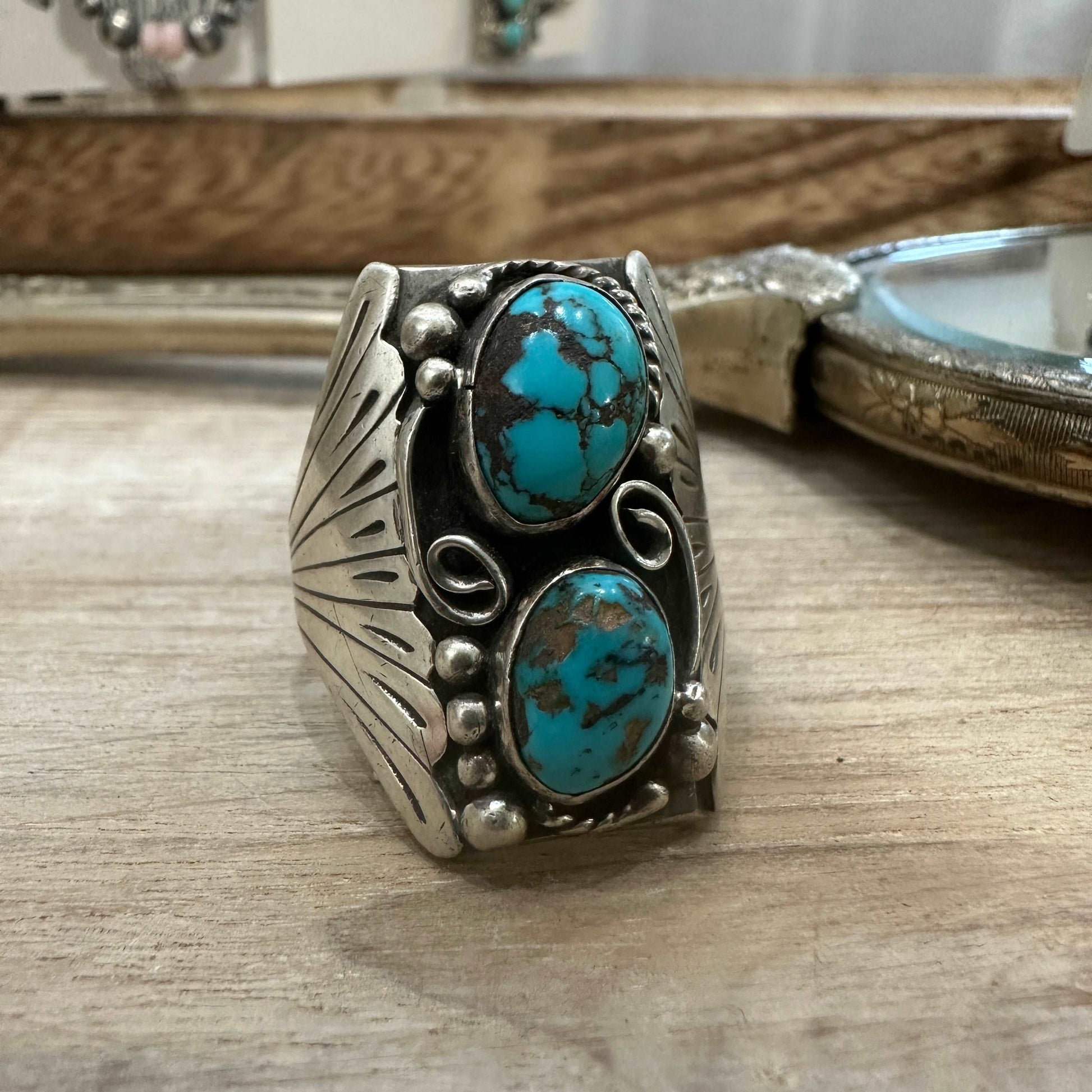 Size 11.5 Navajo Sterling Silver Vintage Turquoise Ring - High Voltage Ranch