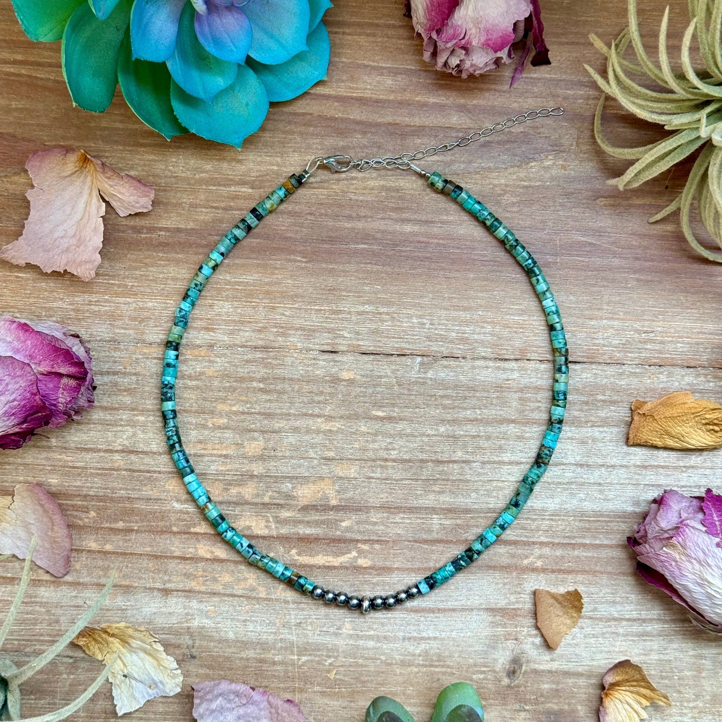 African Turquoise Heishi & Sterling Silver Pearl Necklace - 14”