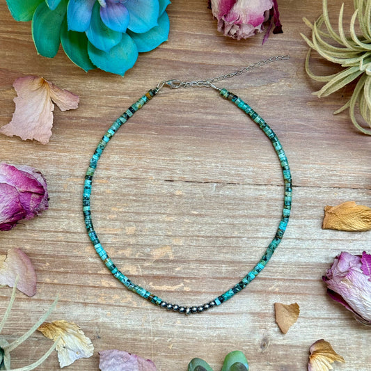 African Turquoise Heishi & Sterling Silver Pearl Necklace - 14”