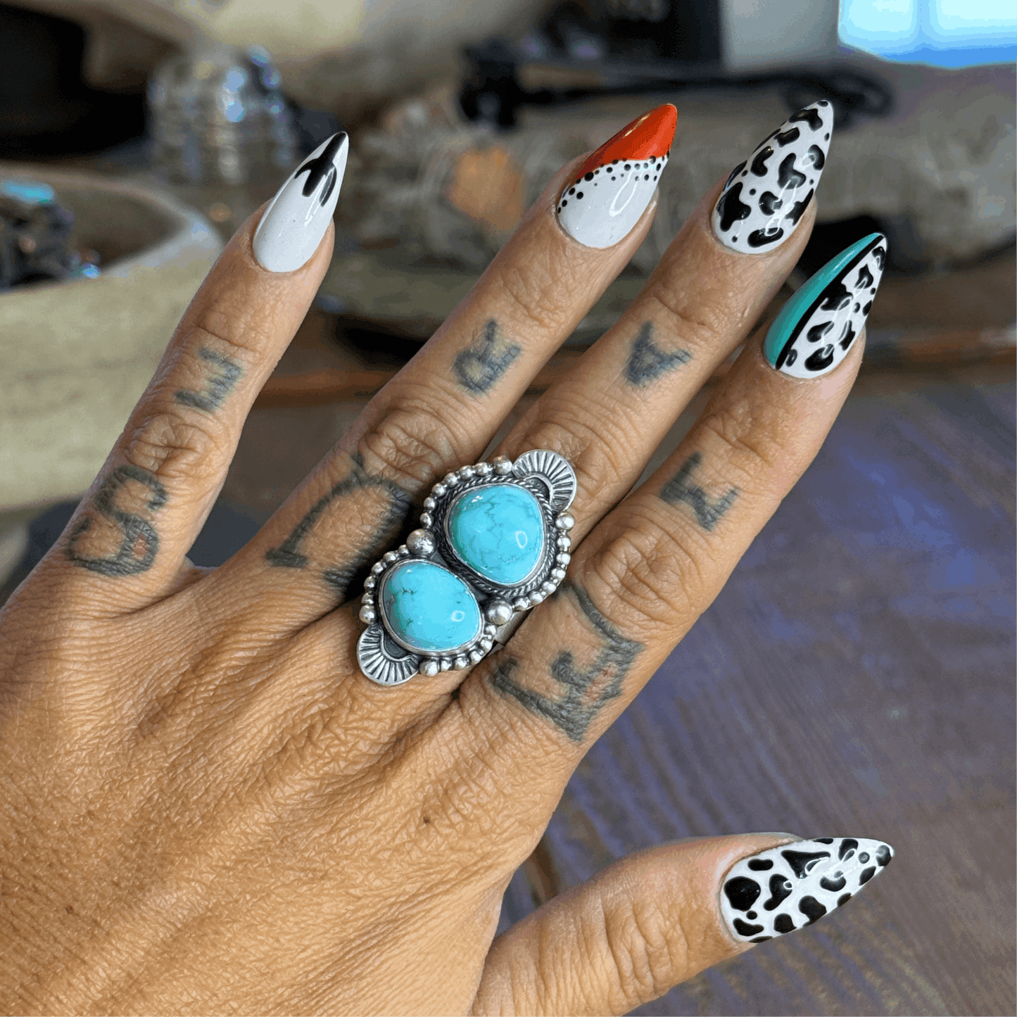 Size 8 Gorgeous Navajo Sterling Silver Campitos Turquoise Ring