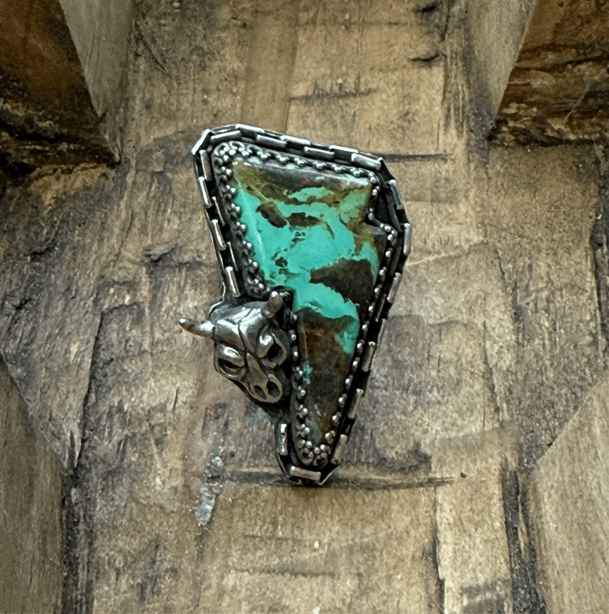 Size 7.5 Sterling Silver Western Skull Turquoise Bolt Ring