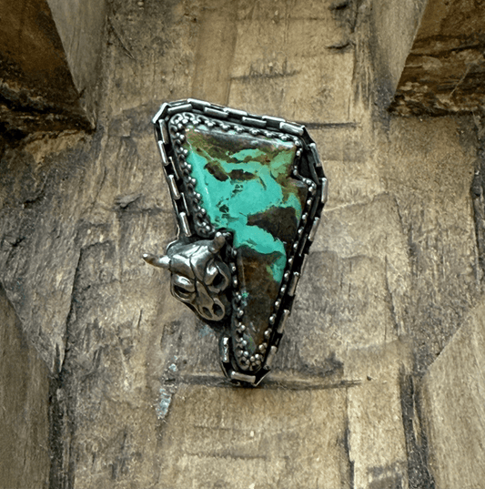 Size 7.5 Sterling Silver Western Skull Turquoise Bolt Ring