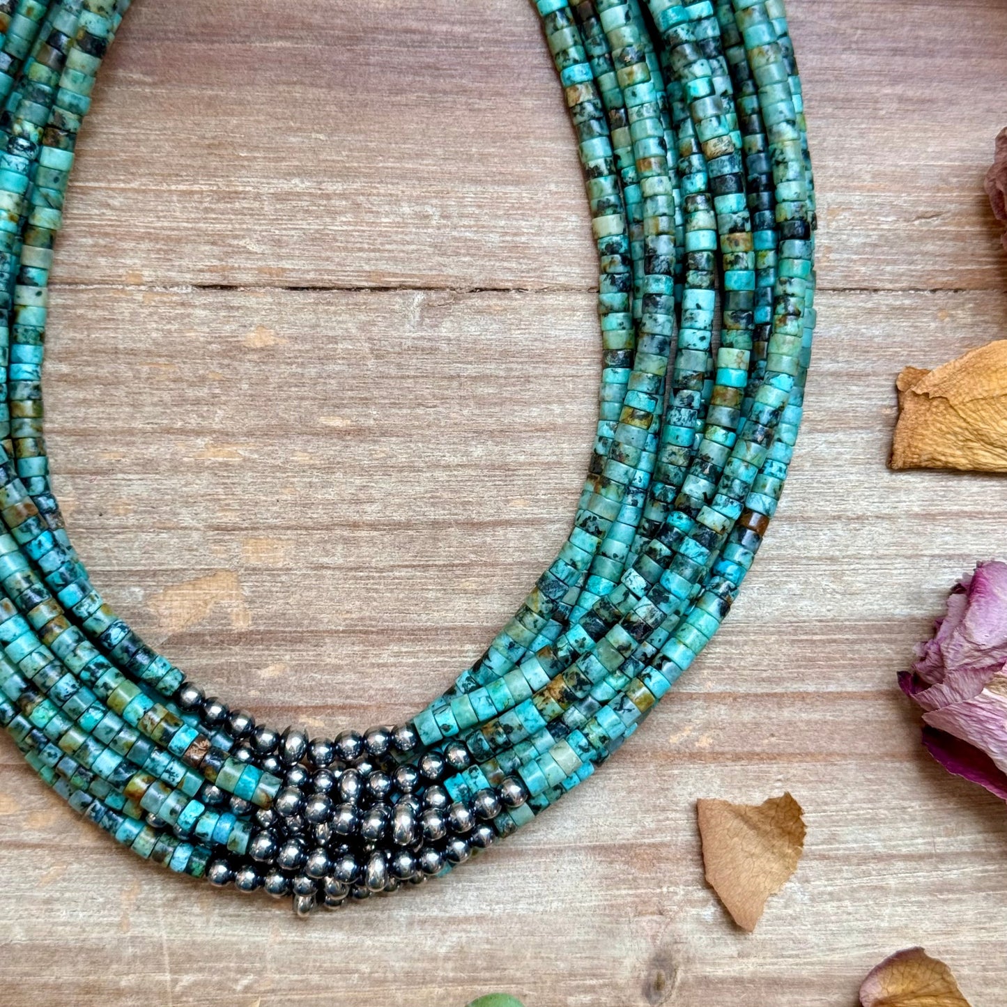 African Turquoise Heishi & Sterling Silver Pearl Necklace - 14”