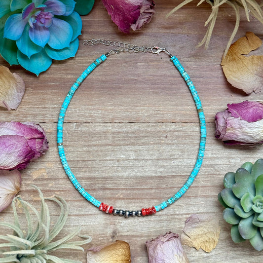 Variscite Choker with Spiny Oyster & Sterling Silver Pearls - 14”