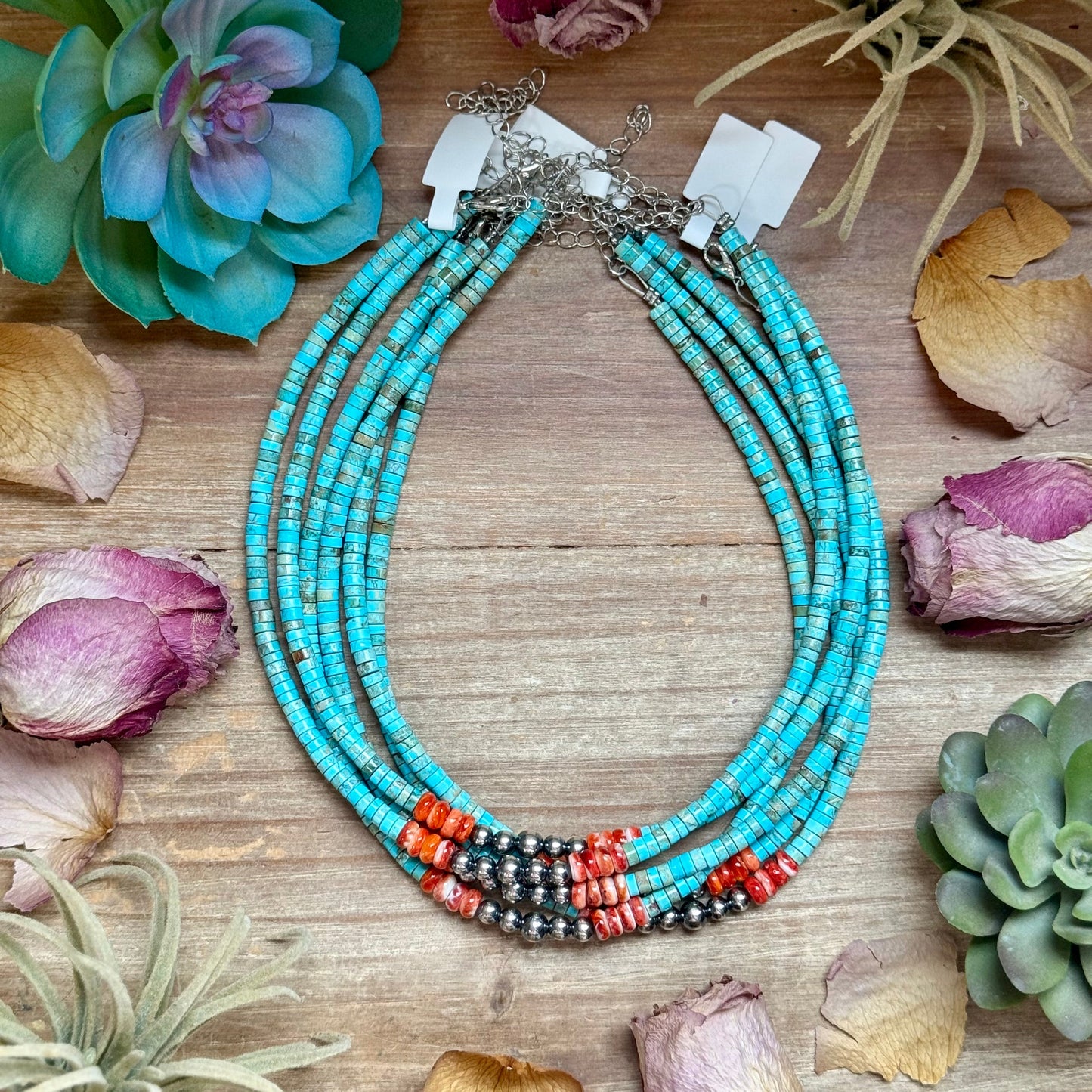 Variscite Choker with Spiny Oyster & Sterling Silver Pearls - 14”