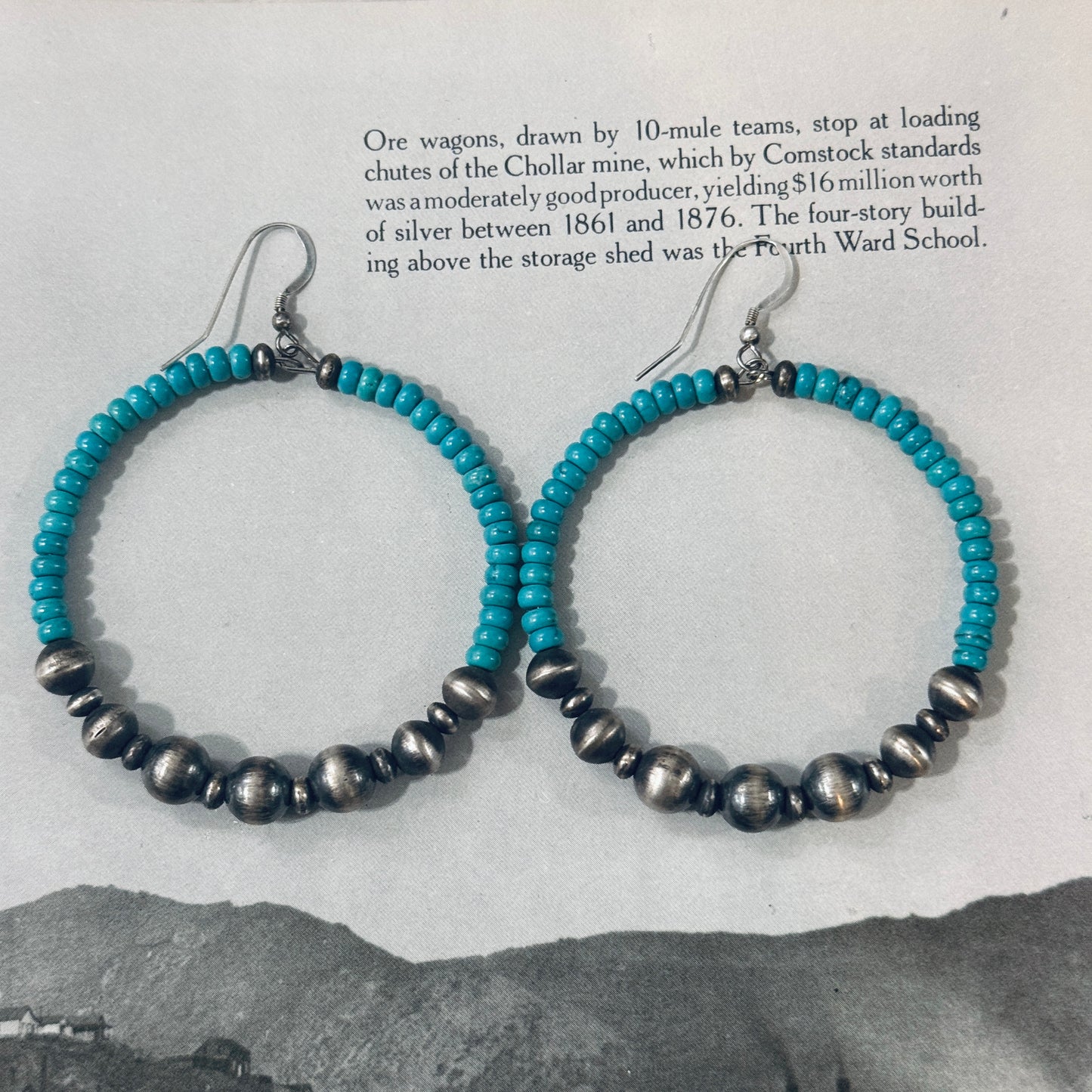 Bright Blue Turquoise Sterling Silver Beaded Hoop Earrings