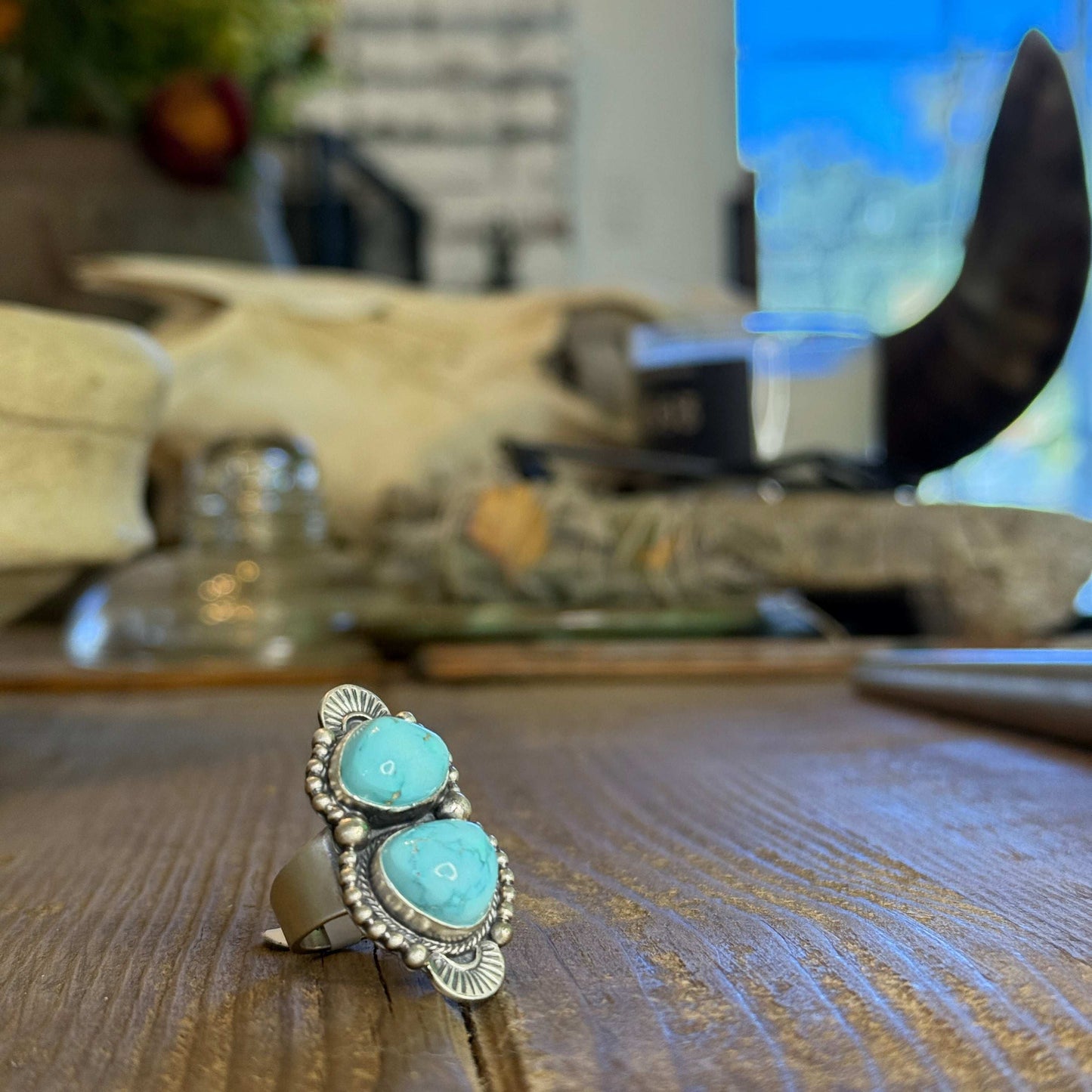 Size 8 Gorgeous Navajo Sterling Silver Campitos Turquoise Ring