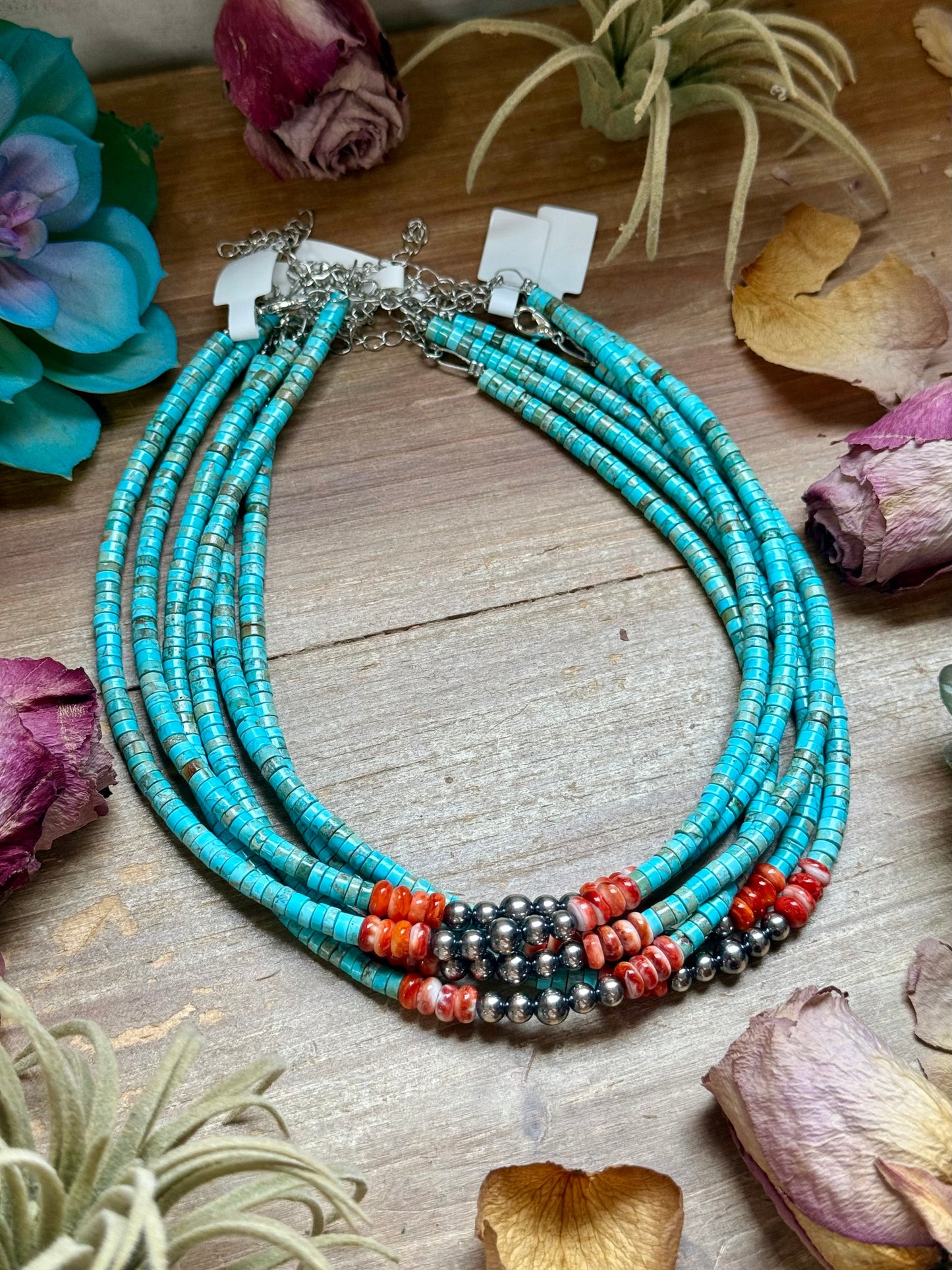 Variscite Choker with Spiny Oyster & Sterling Silver Pearls - 14”