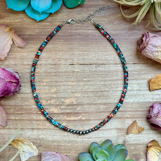 Pink Sea Sediment Jasper Choker with Sterling Silver Pearls - 14”
