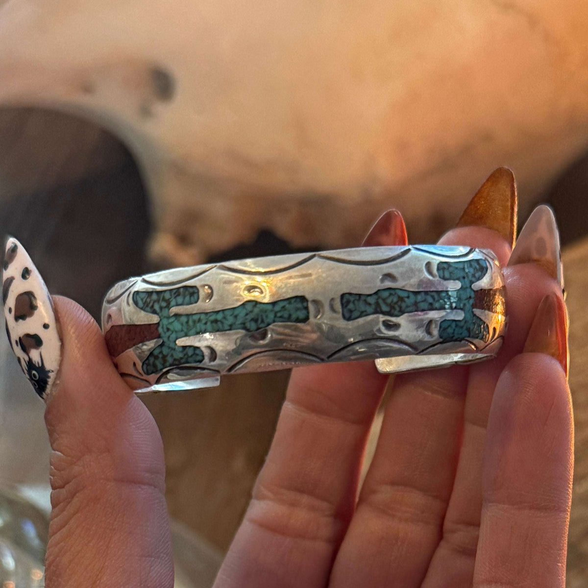 Vintage Turquoise Coral Navajo Peyote Bird Cuff Bracelet