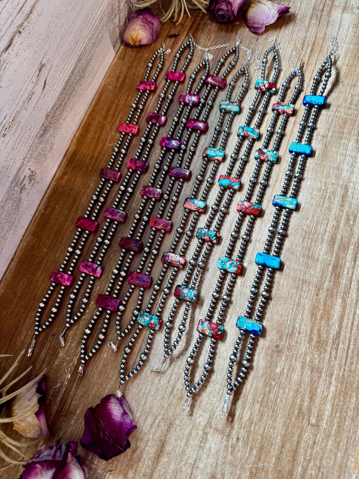 Pink/Blue Double Strand Necklace – 13” Sterling Silver Pearls & Variscite