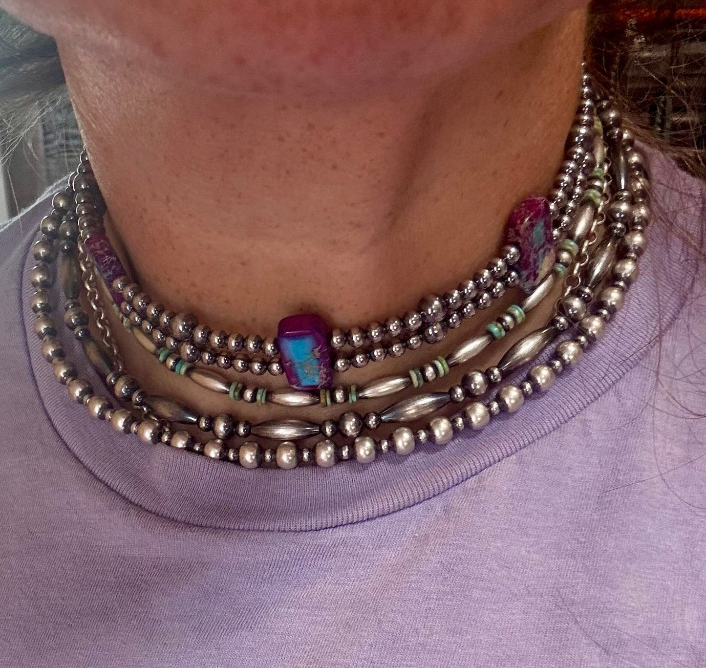 Sterling Silver Double Strand Pearls with Green/Blue Variscite Choker Necklace – 13”