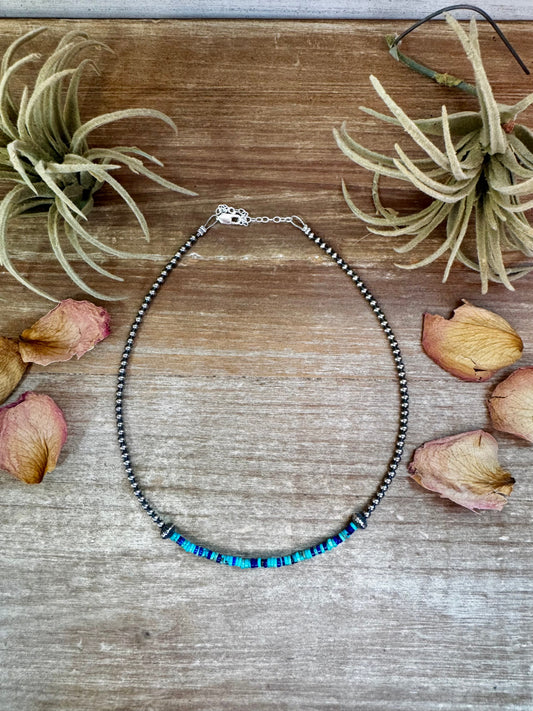 Lapis & Turquoise Heishi Choker with Sterling Silver Pearls – 14"