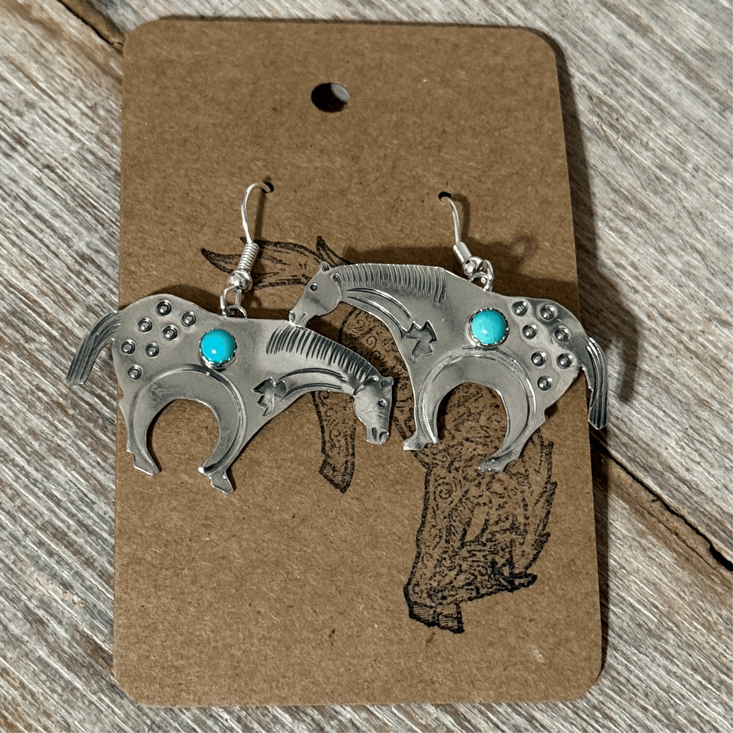 Native American Stamped Appaloosa Horse Earrings with Turquoise