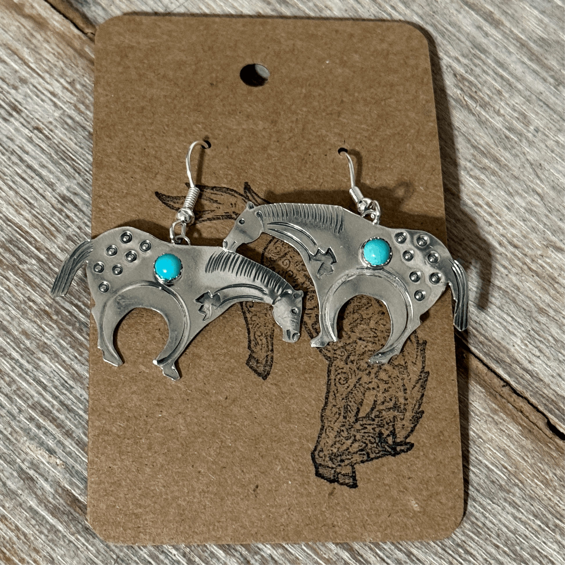 Native American Stamped Appaloosa Horse Earrings with Turquoise