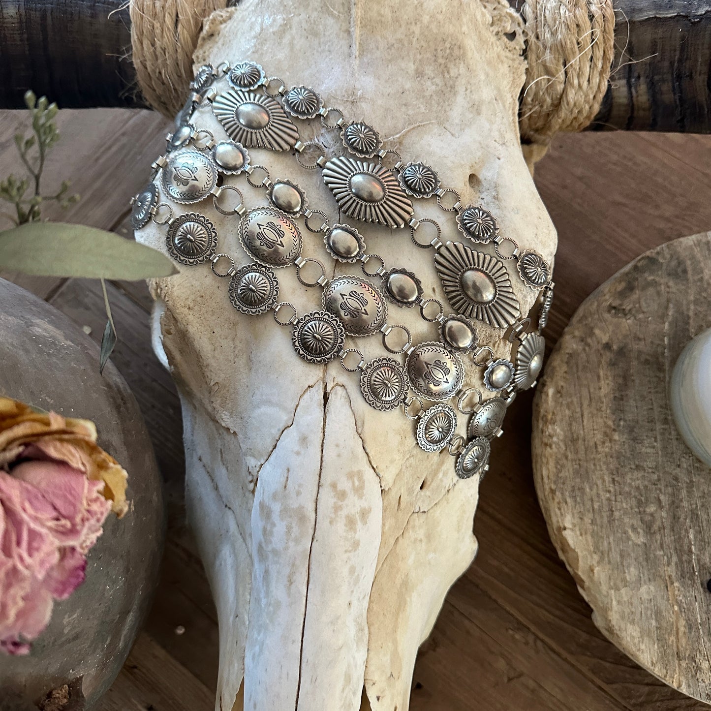 Nickel concho belts draped over a cow skull as coffee table decor