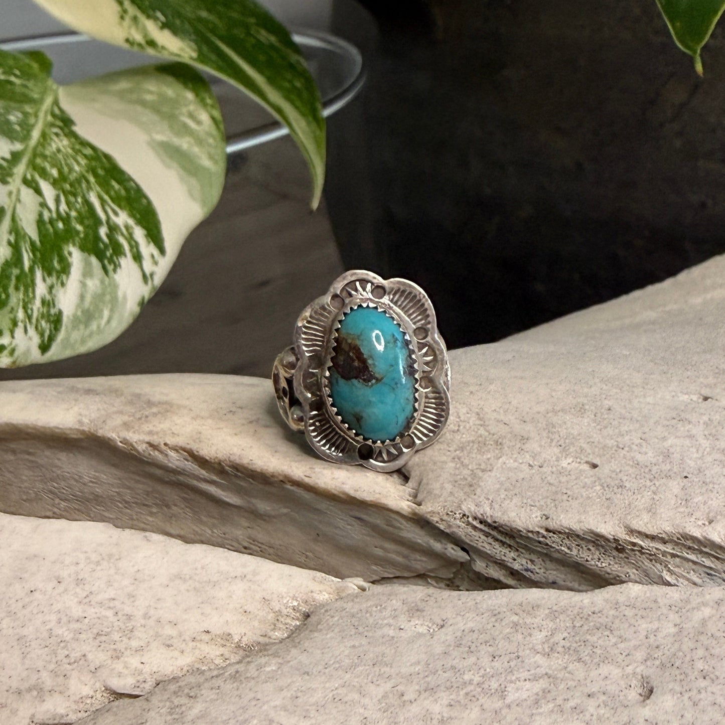 Size 7 Stamped Ring With Kingman Turquoise