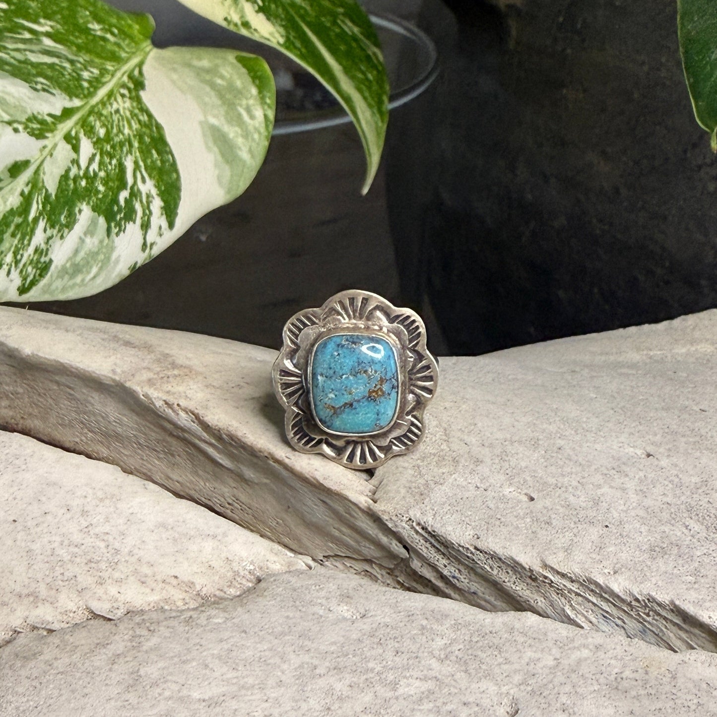 Size 6.5-9 (Adjustable) Stamped Ring with Kingman Turquoise