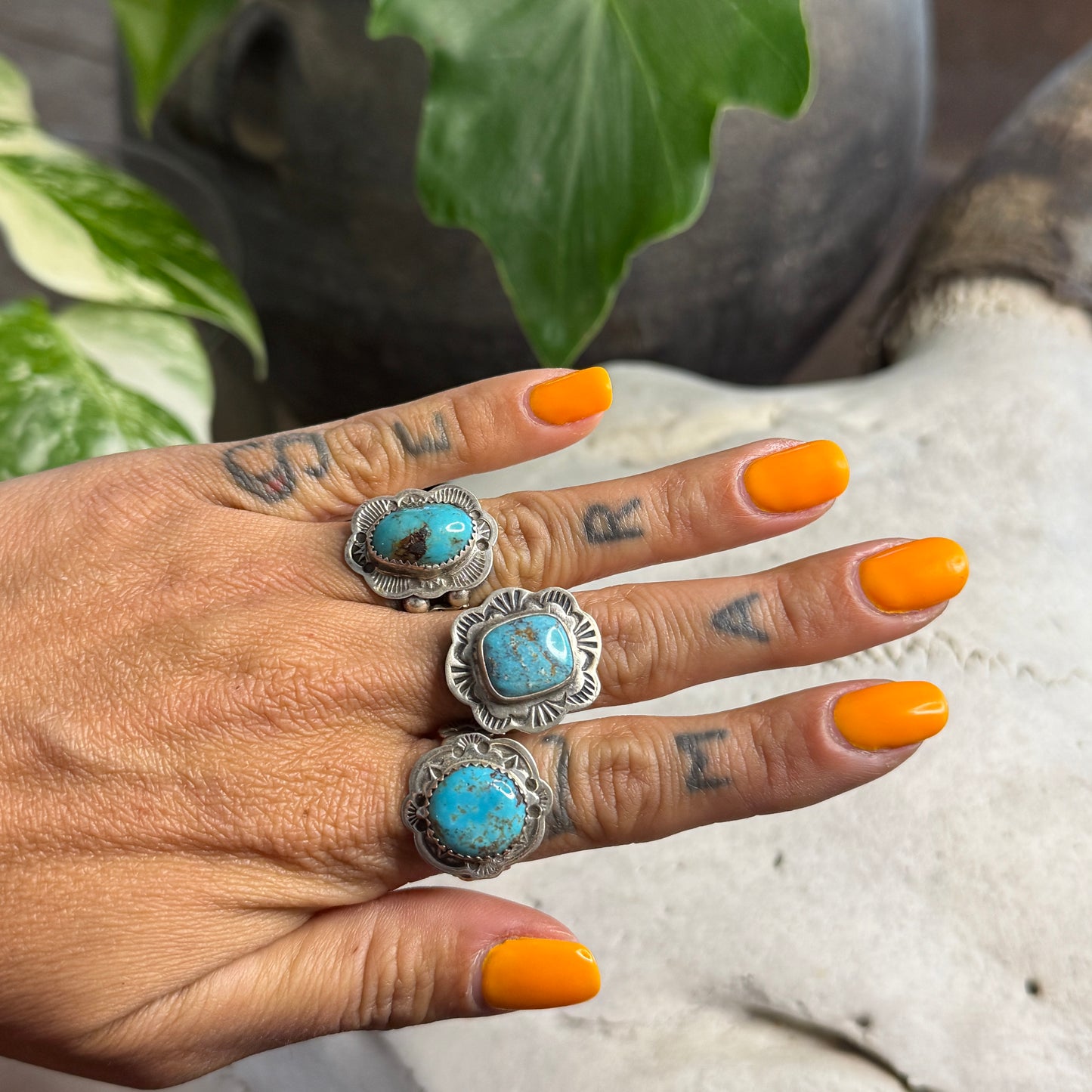 Size 8.5 Stamped Ring with Kingman Turquoise