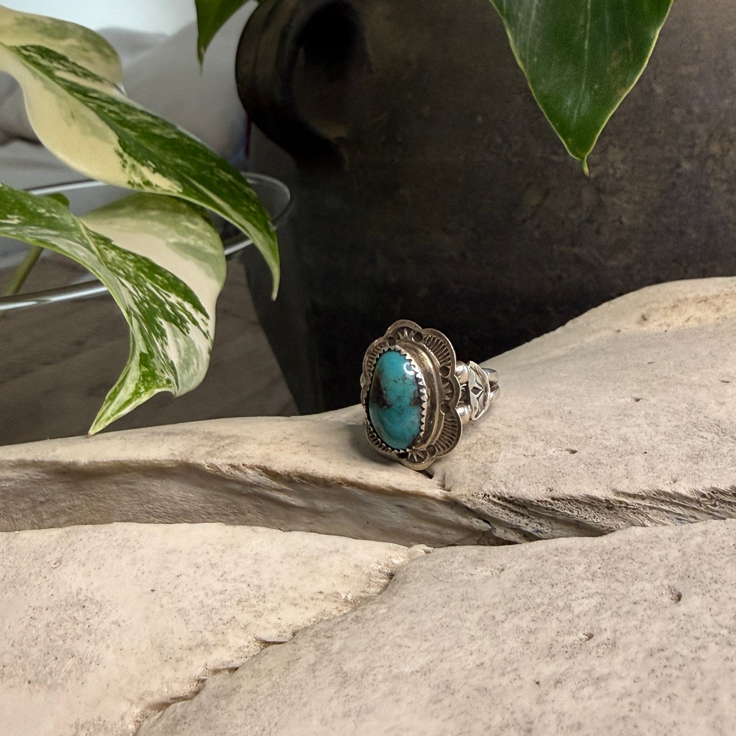 Size 7 Stamped Ring With Kingman Turquoise