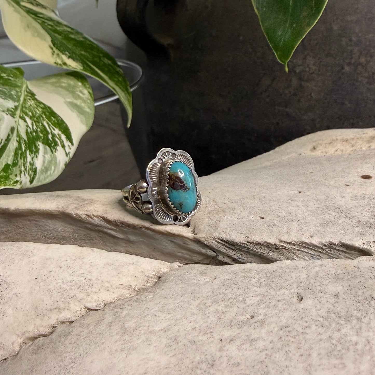 Size 7 Stamped Ring With Kingman Turquoise