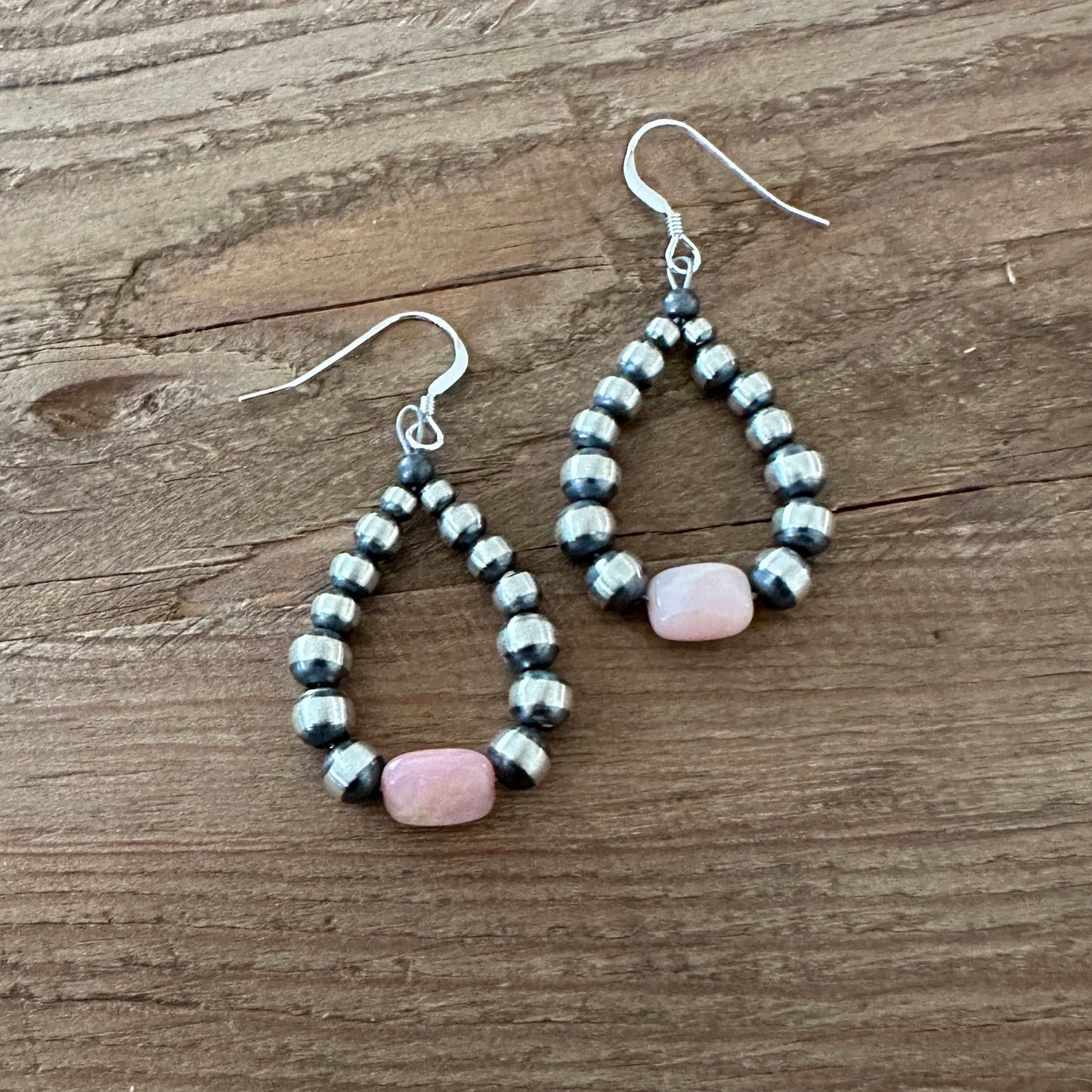 Navajo Sterling Silver Pearl & Pink Opal Dangle Hoop Earrings