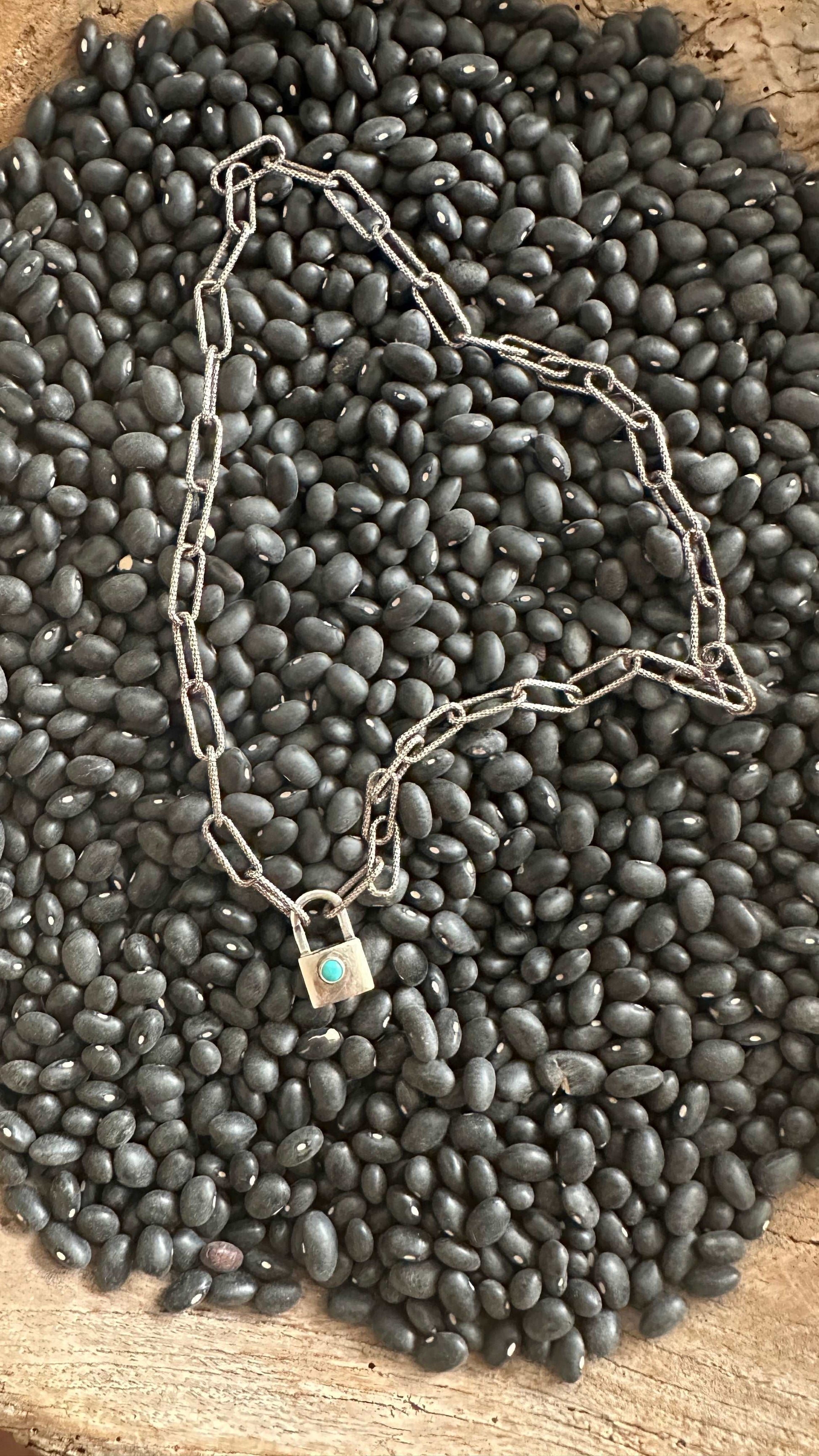 Sterling Silver Mini Padlock with Kingman Turquoise on Paperclip Chain
