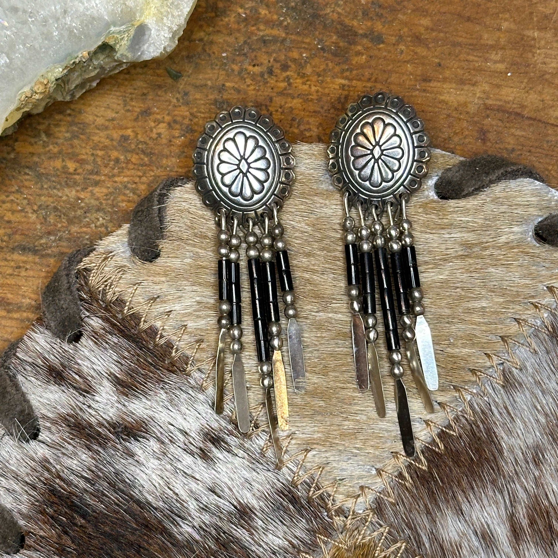 Vintage Sterling Silver Concho Beaded Dangle Earrings