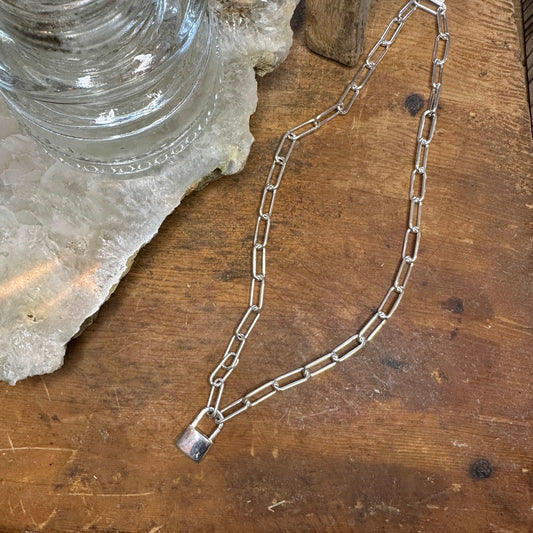 Sterling Silver Padlock on Thick Paperclip Chain