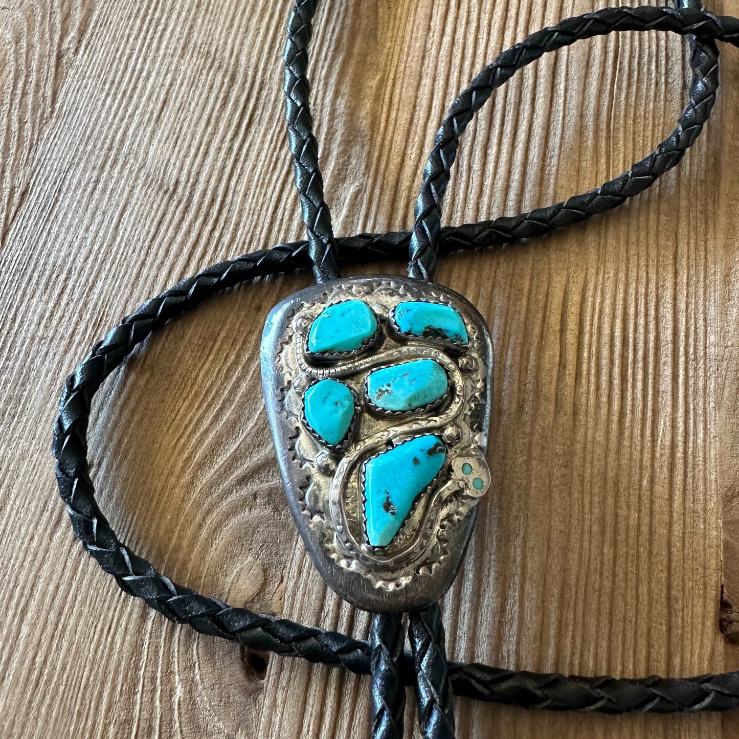 Rare Vintage Effie Calavaza Native American Zuni Snake Motif Sterling Silver Turquoise Bolo - High Voltage Ranch