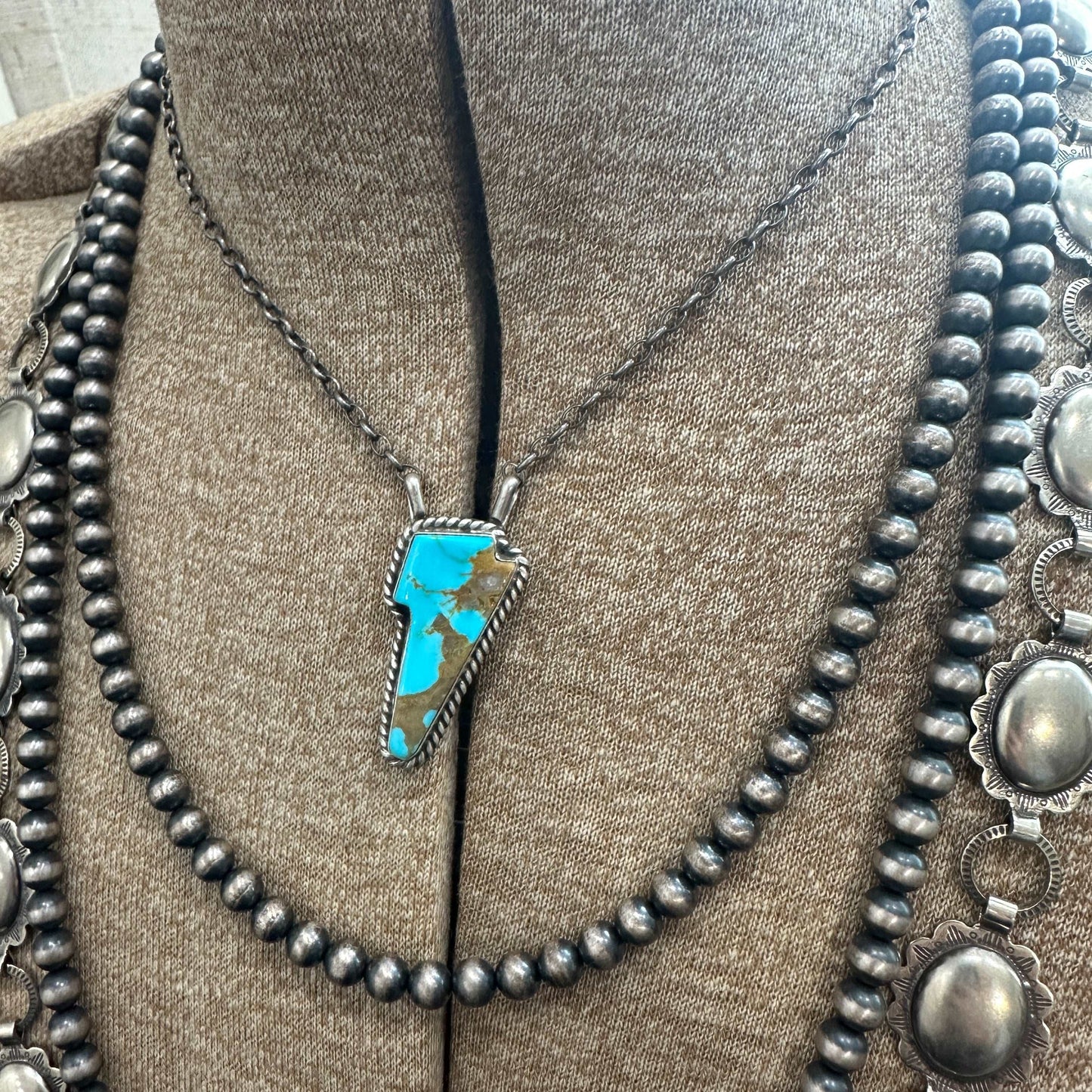 Navajo Sterling Silver Kingman Turquoise Bolt Necklace - High Voltage Ranch